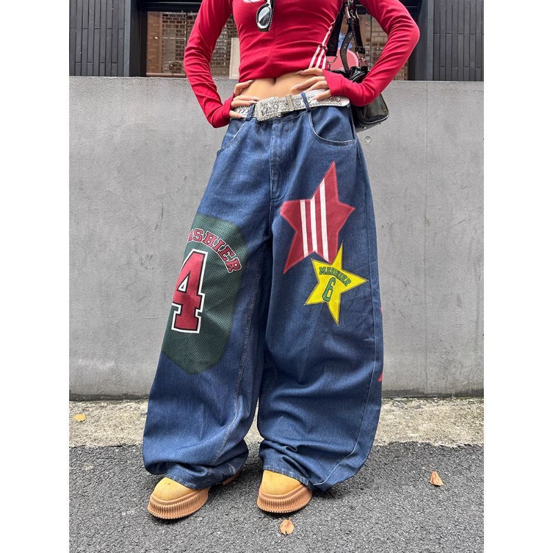 美式设计感星星数字贴布印花阔腿牛仔裤男女小众宽松百搭休闲长裤