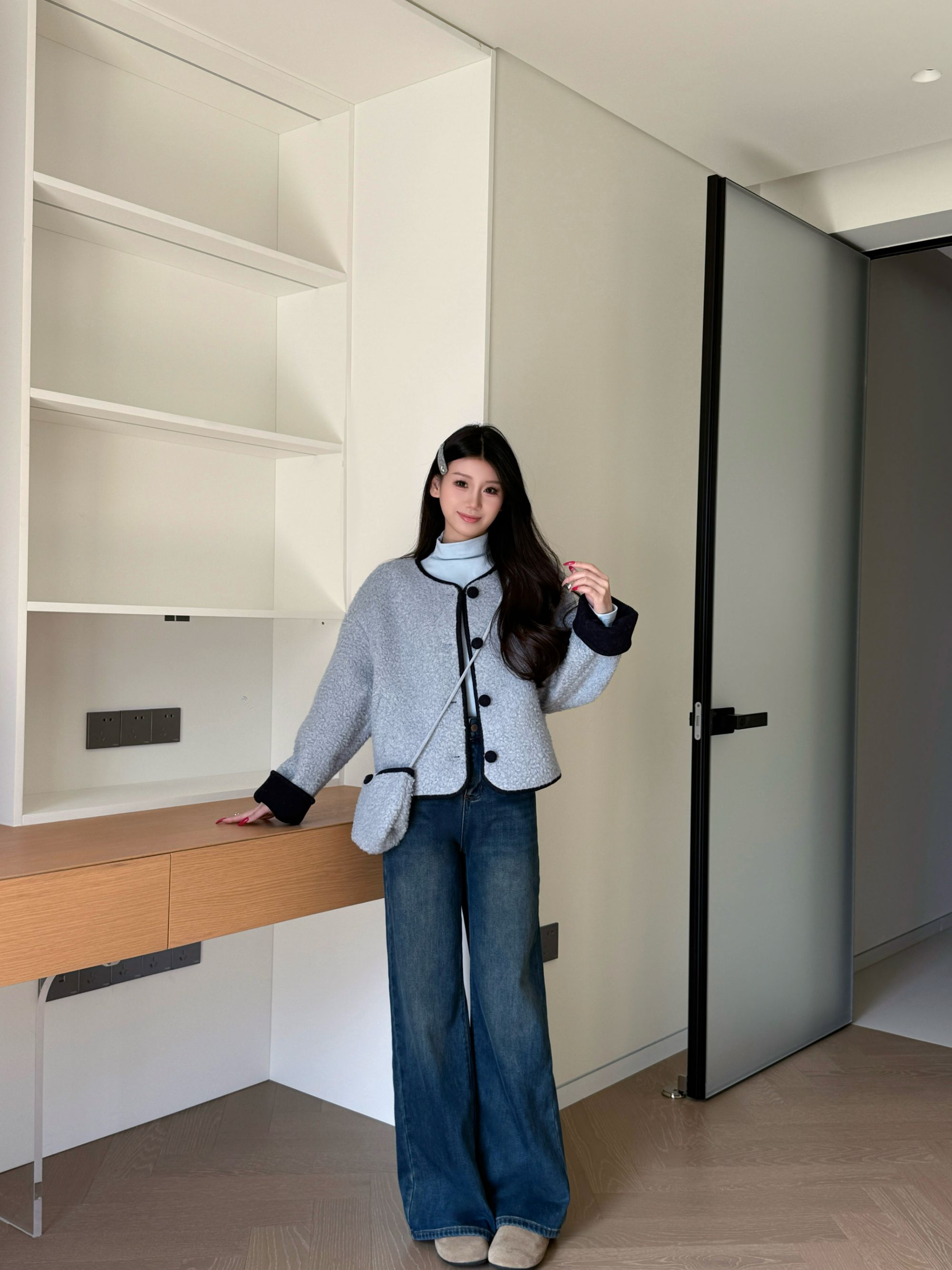 韩系时尚百搭宽松显瘦小香风外套配小包包2025冬新款