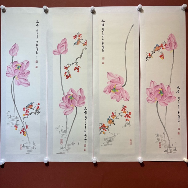 兰宝阁书画听兰老师纯手绘国画春夏秋冬四条屏已拓裱画芯100:25