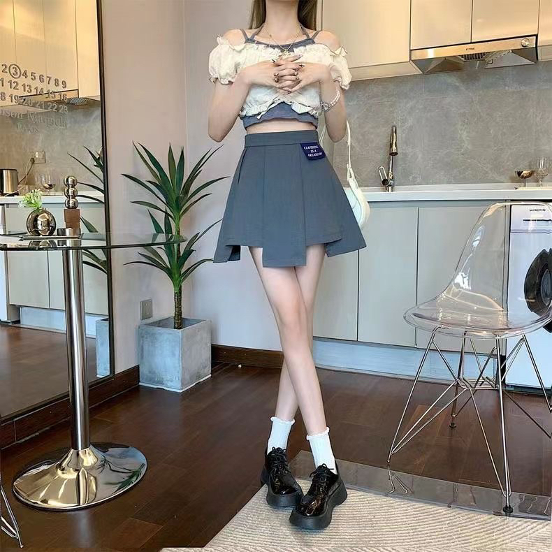 学院风高腰不规则百褶A字浅灰半身西装裙女春夏新款