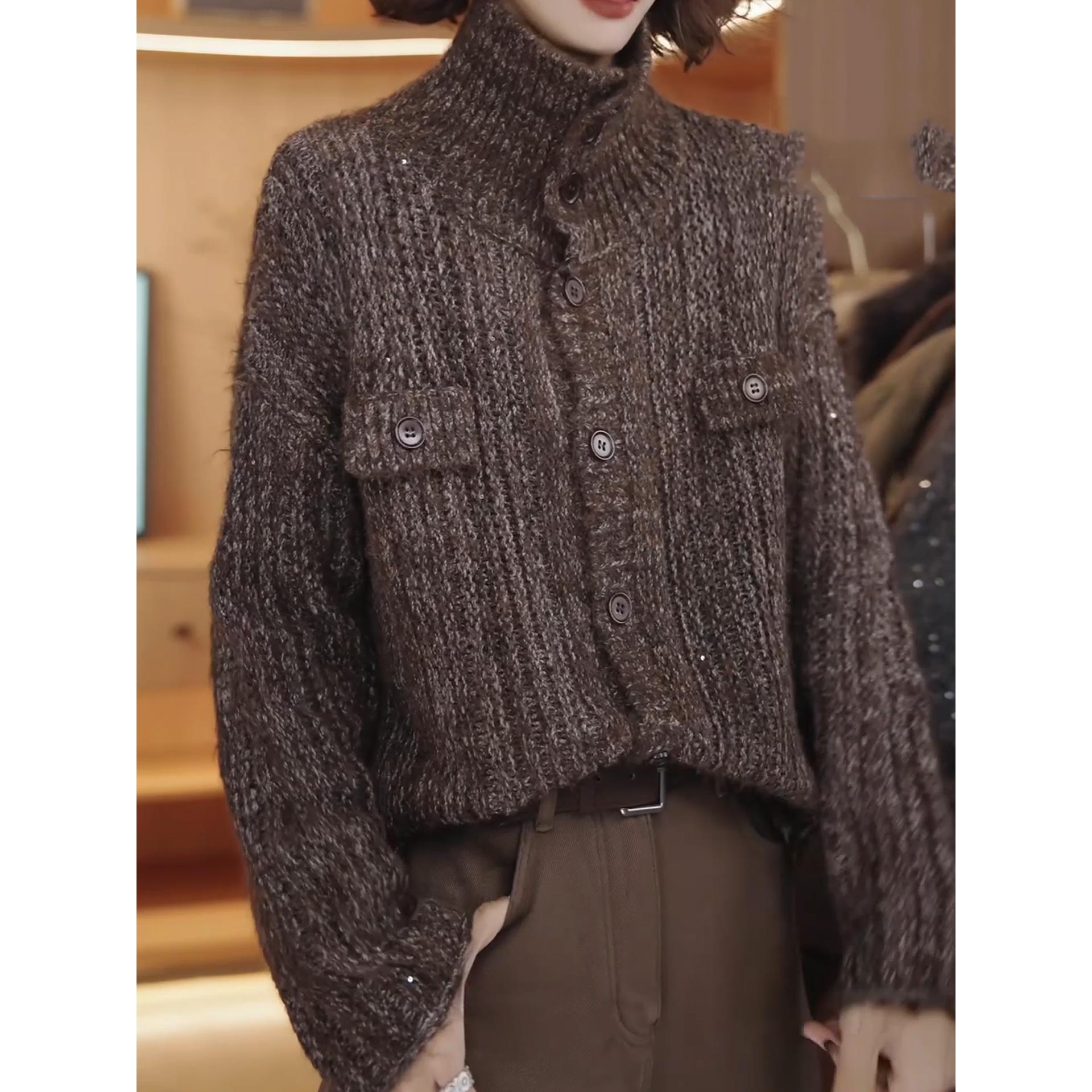 慵懒风高领针织开衫女秋冬新款宽松显瘦美拉德风百搭毛衣外套上衣