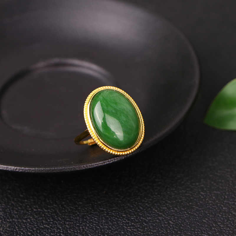 <麟瑞珠宝>和田玉碧玉鸽子蛋戒指s925银镶嵌戒指 （多样性发其一）