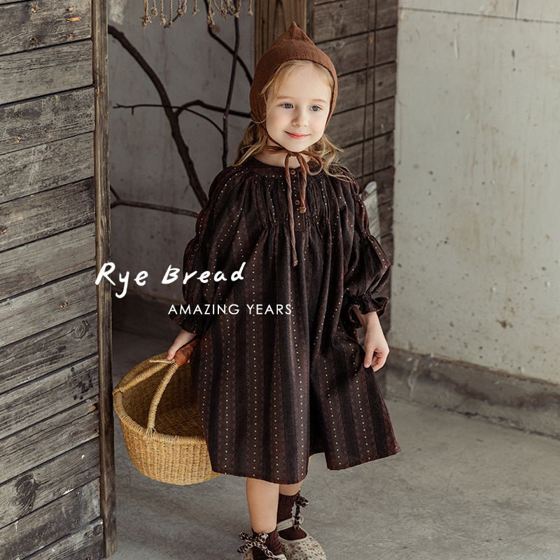 ryebread/黑面包童装 韩版女小童竖条纹圆领连衣裙 5春