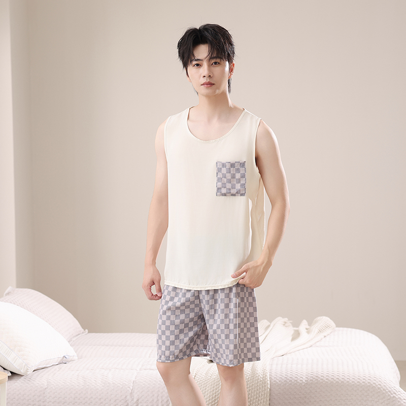 2025男士棉绸背心两件套宽松透气青年爸爸装可外穿家居服睡衣