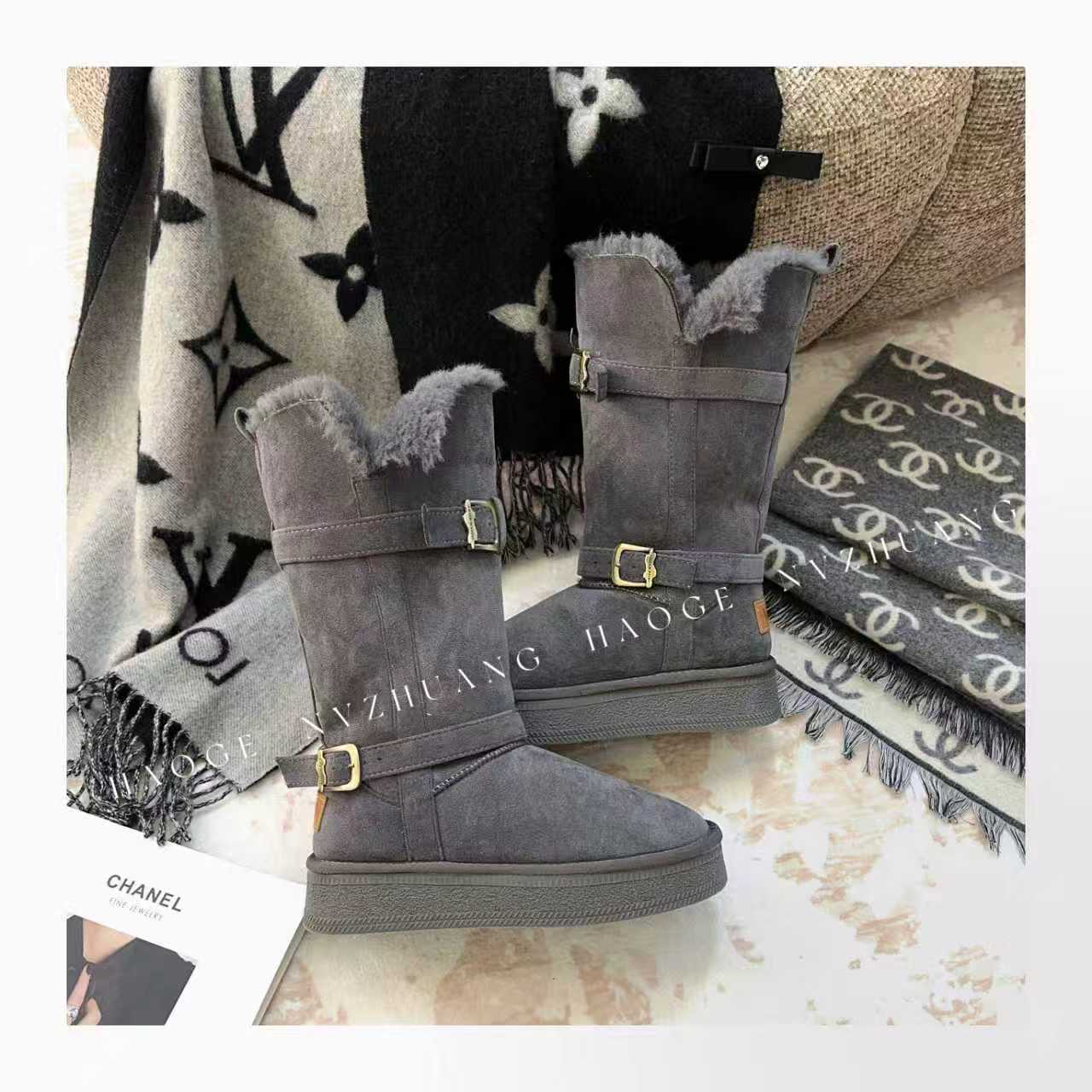 厚底灰色雪地靴女2025冬季新款长款加绒加厚保暖棉靴1377