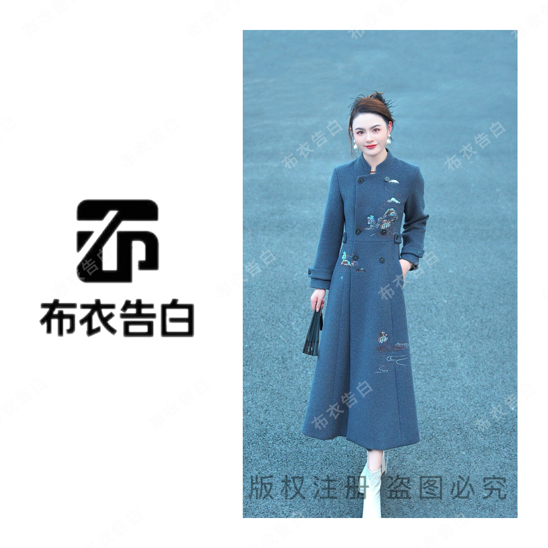 鑫-25283-2025秋冬新款中式国风千里江山刺绣图复古气质呢子大衣