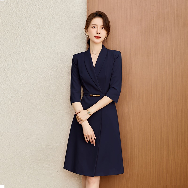 藏青色职业正装2025夏季新款连衣裙女七分袖气质高腰修身显瘦通勤