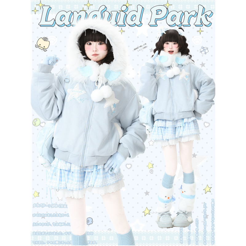 蓝鬼公园Languid Park毛绒星星刺绣羊羔绒棉服女冬季麂皮小众棉袄