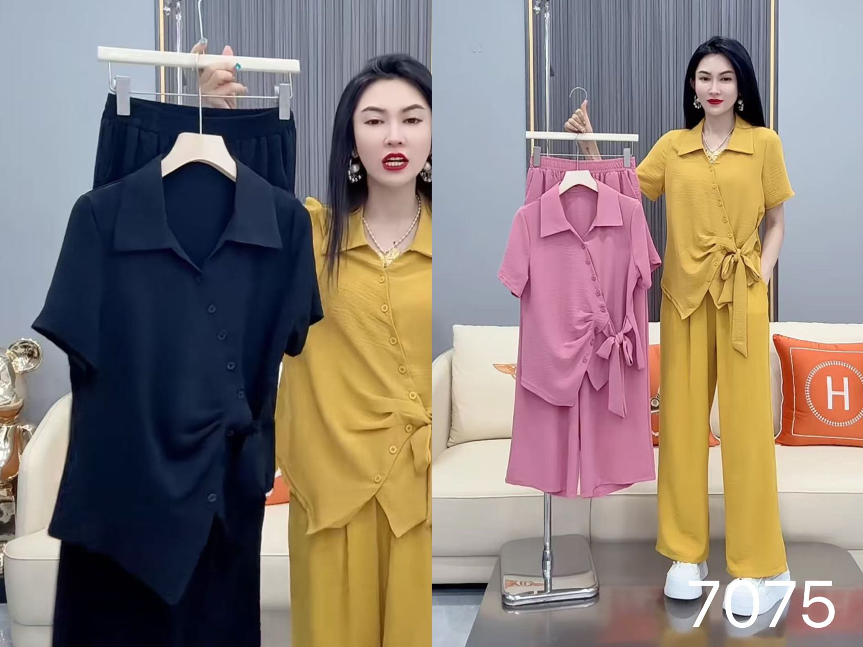 胖胖家*7075新款翻领斜襟系带蝴蝶结洋气百搭显瘦套装