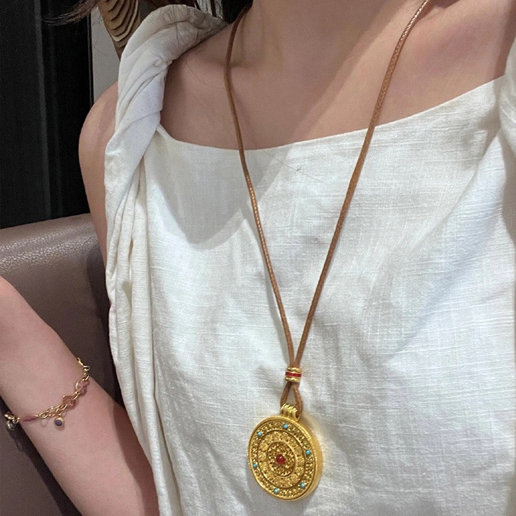 黄铜布艺项链 韦雪同款新中式花丝八宝罗盘饰品金色毛衣链65