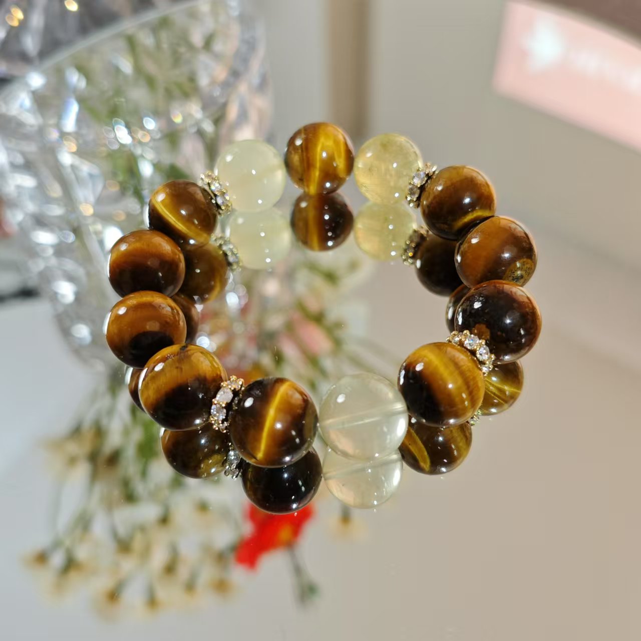 DL1906-1《地主婆》虎斑纹虎眼石大M数奶油黄水晶手链14+