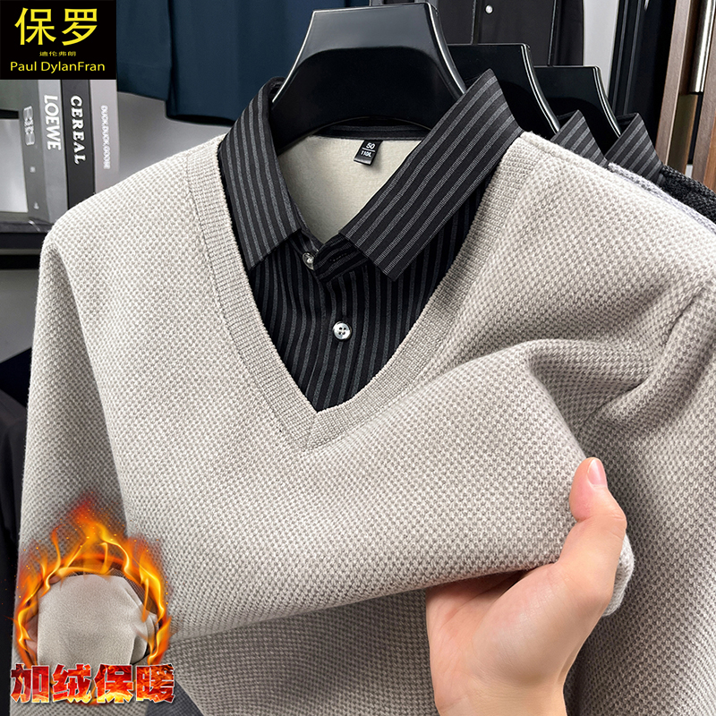 加绒加厚冬季假两件毛衣翻领衬衫爸爸装保暖休闲宽松针织打底衫