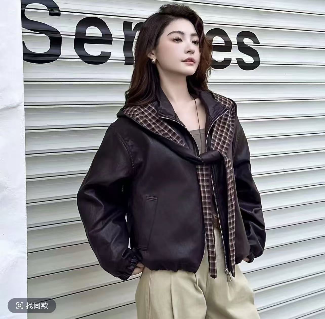 【慕妍专属】2688【衣长55】格纹PU皮可拆卸连帽短款皮衣加棉外套