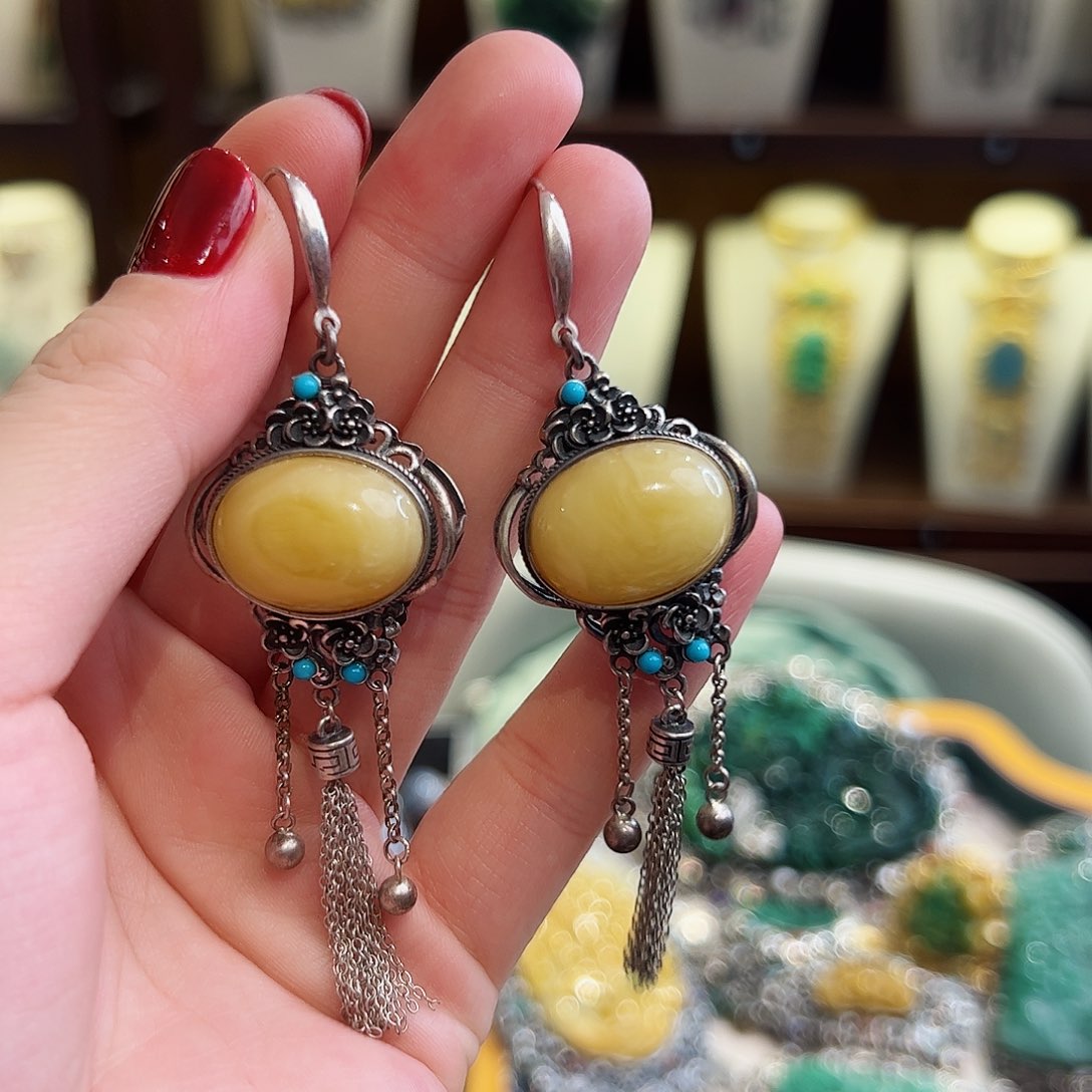 琥珀耳饰银S925镶嵌耳环