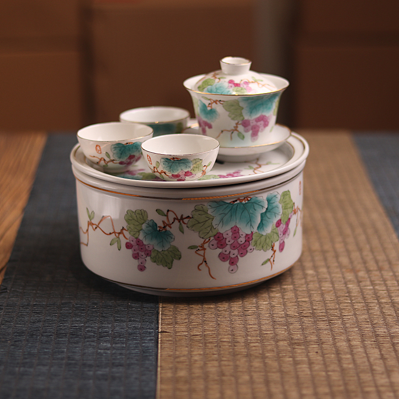 复古80年代手绘葡萄潮州工夫茶茶具茶盘盖碗蛋壳杯