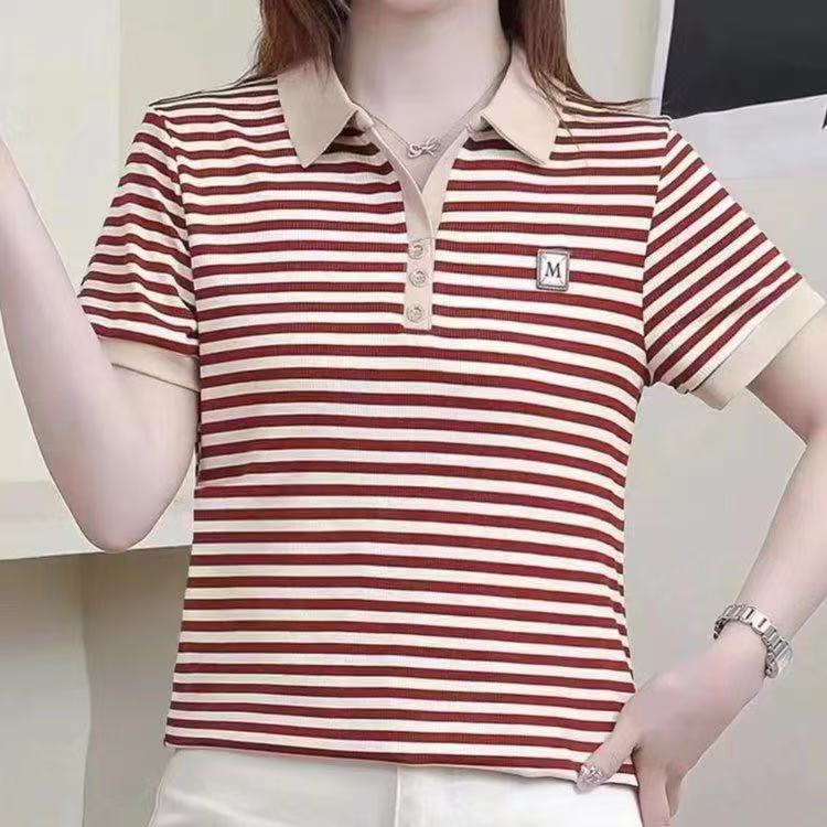 V领ol百搭条纹短袖运动女士显瘦韩版女士撞色T恤抗皱
