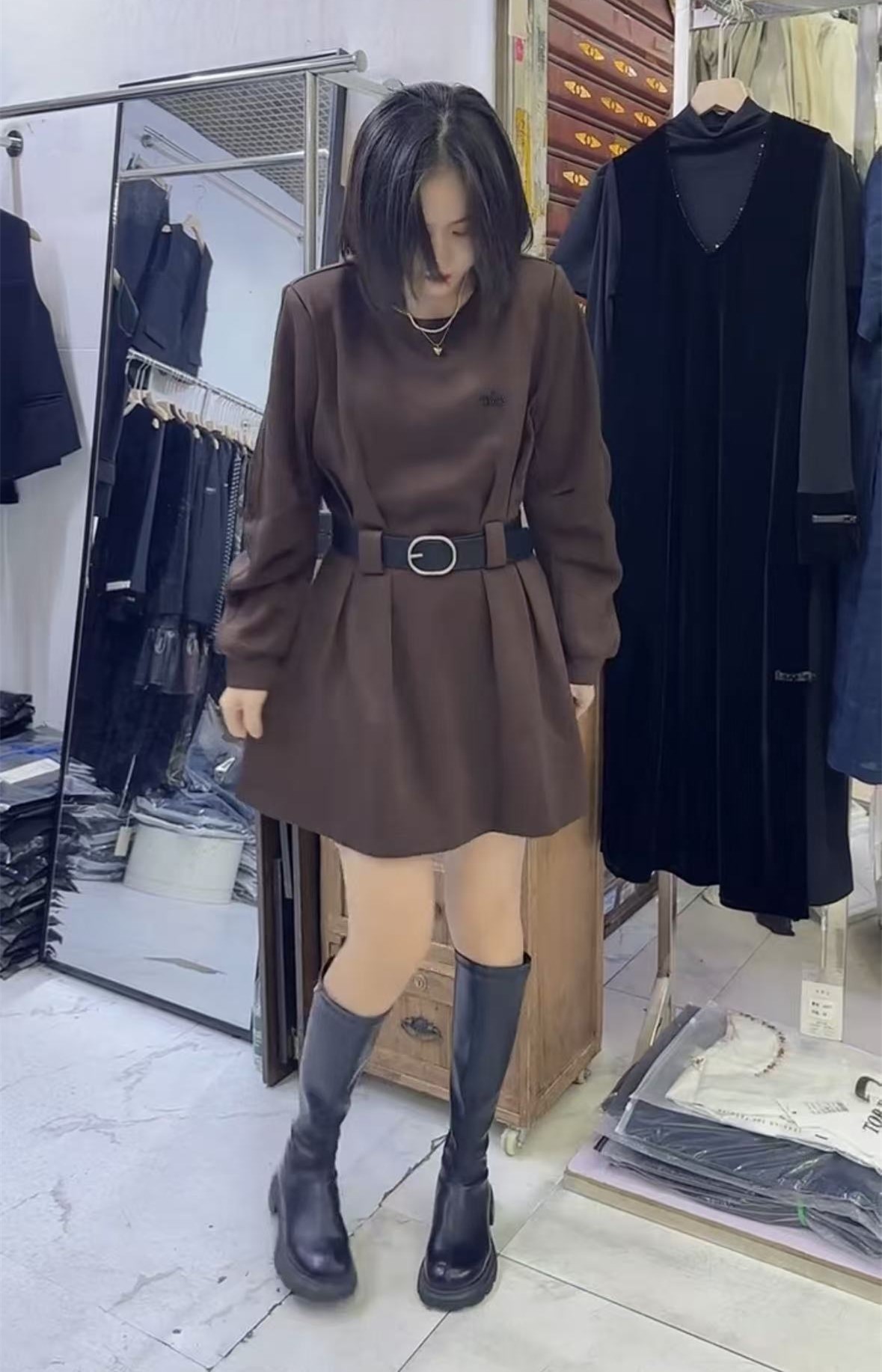 小个子韩系时尚遮肚宽松长袖裙子女气质减龄腰带连衣裙简约遮肉