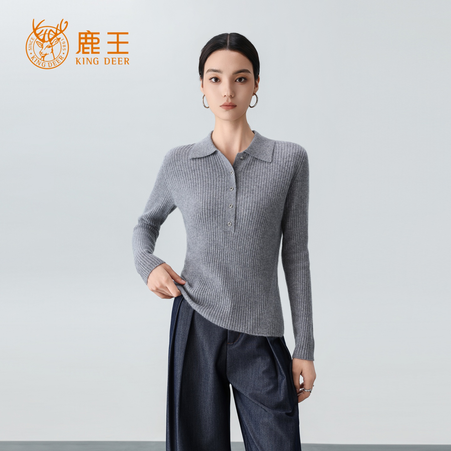【专柜新品】鹿王翻领100山羊绒抽条修身半开襟套衫 912512316