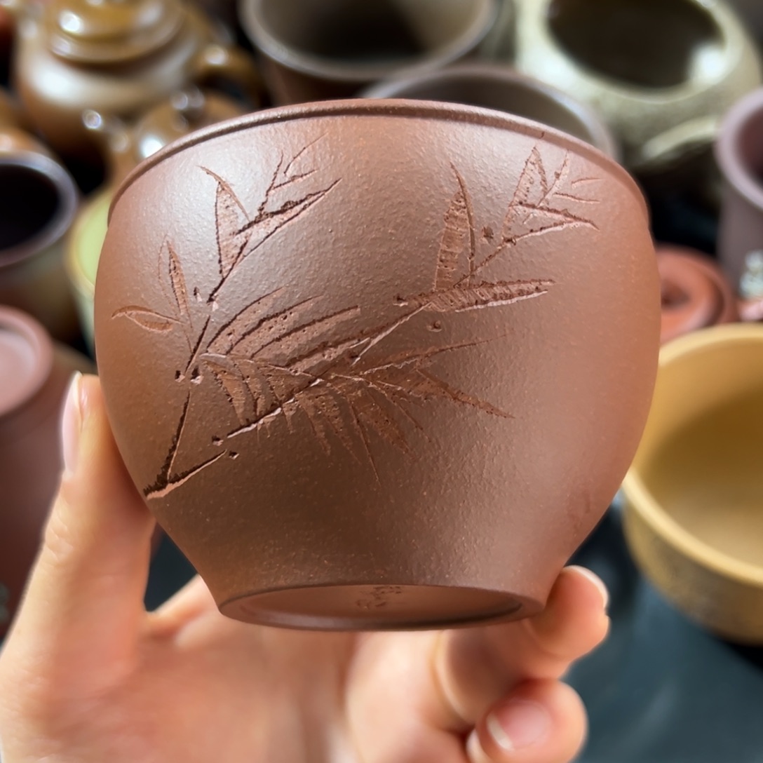紫砂茶杯紫泥竹趣