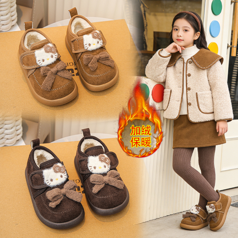 女童加绒勃肯鞋2025冬季新KT猫儿童毛毛鞋加厚软底宝宝保暖冬鞋子