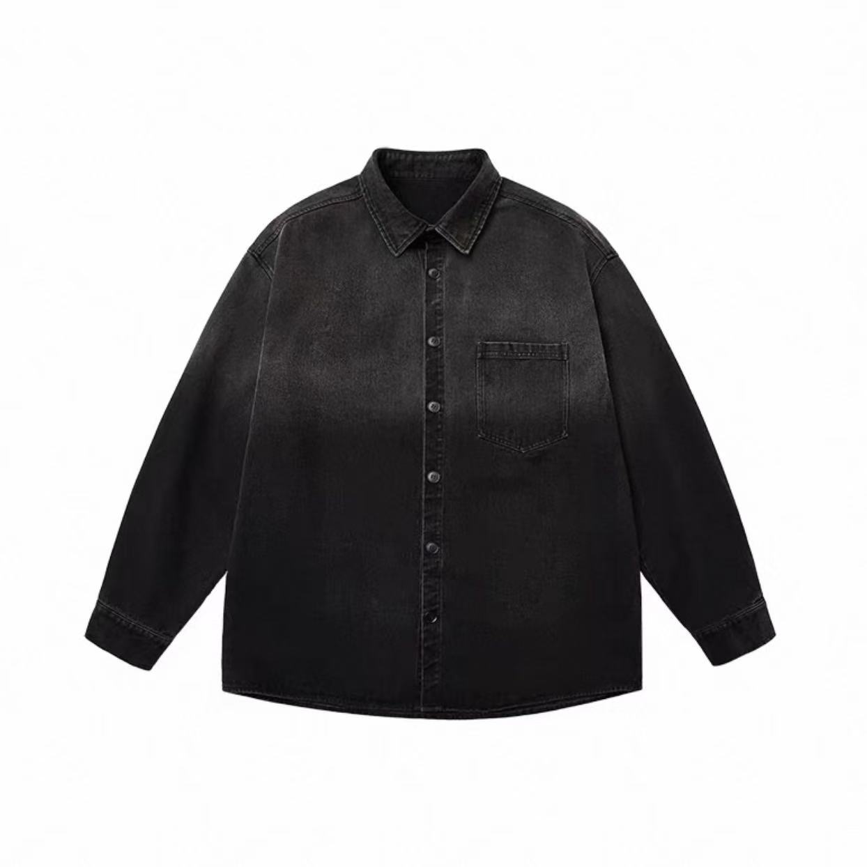 春秋季美式复古水洗渐变牛仔衬衫男女宽松休闲长袖衬衣-589