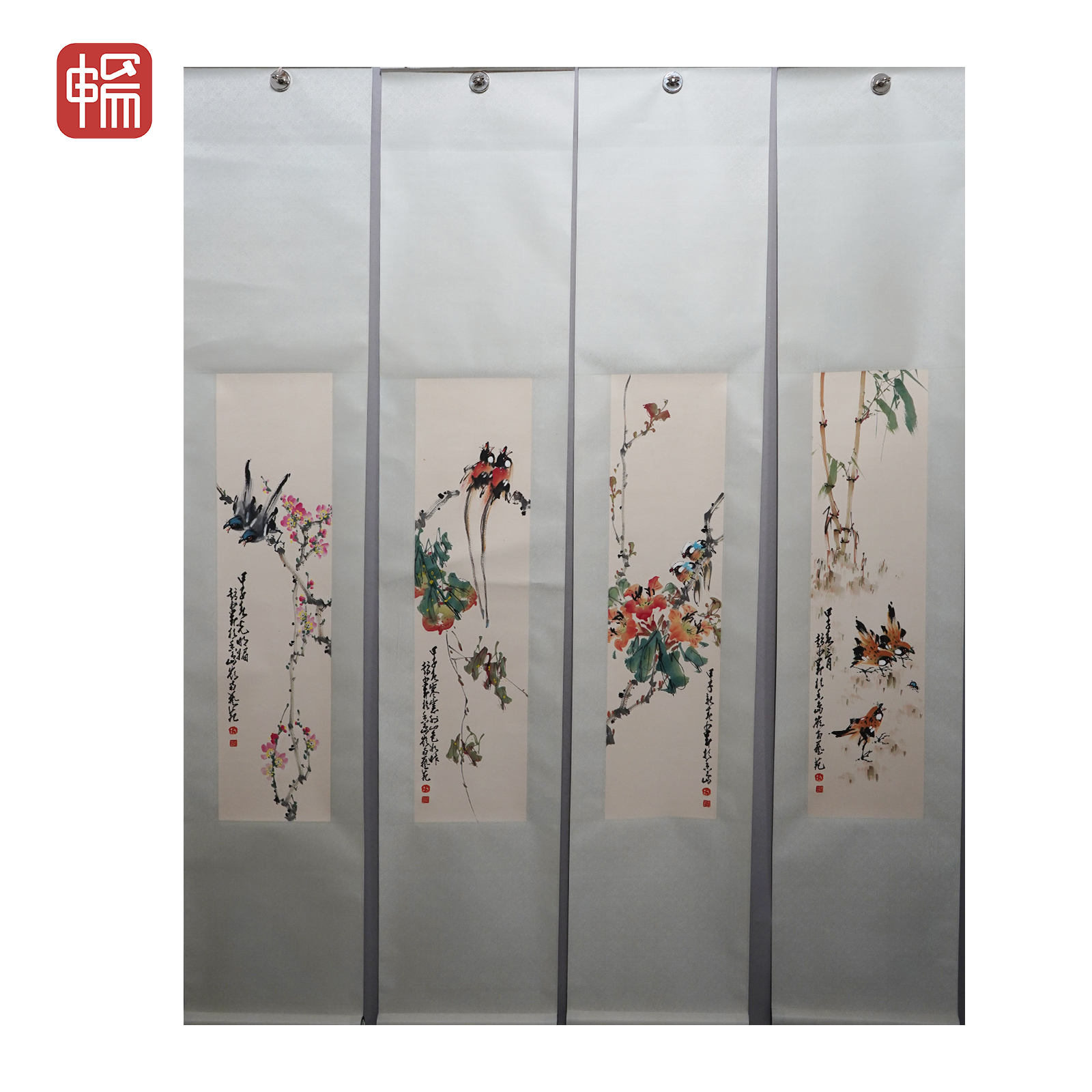 B043 花鸟四条屏 赵少昂 97*24*4(8.38) 纸本立轴 FL