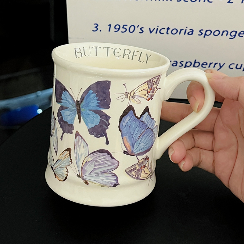 女生高颜值蝴蝶陶瓷杯办公室咖啡杯复古马克杯夏季水杯家用伴手礼