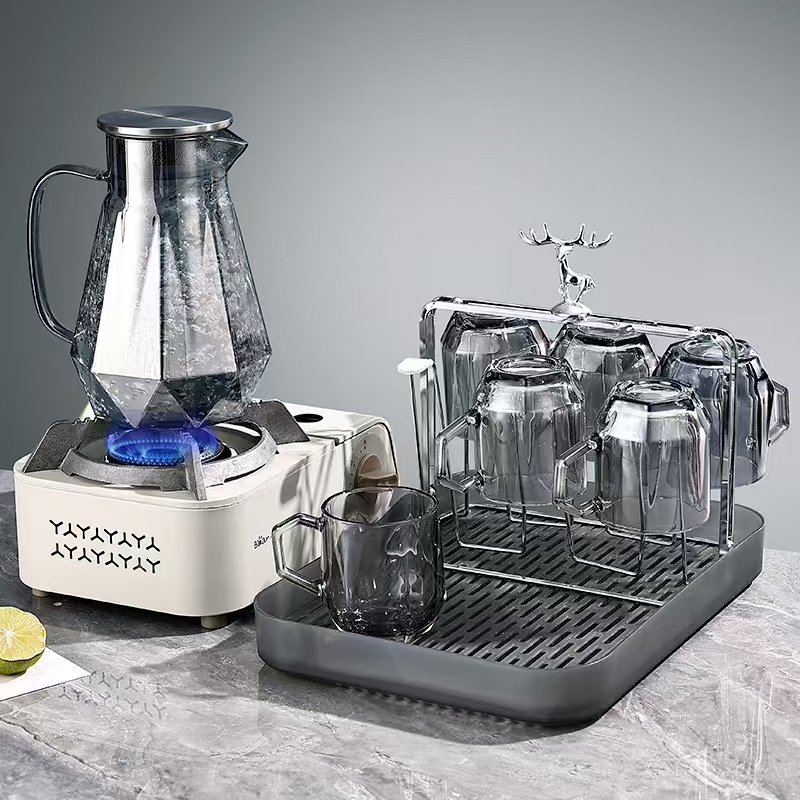 新【带杯托杯架】冷水壶钻石水壶玻璃水杯家用套装客厅凉水壶耐高温