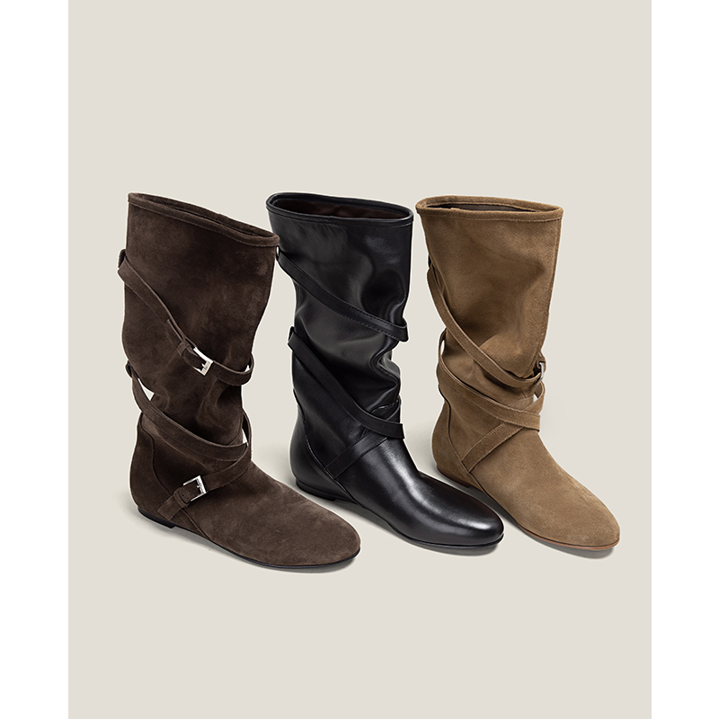 Shoemaker Queen高丝光牛反绒内增高褶皱长靴不过膝高筒靴