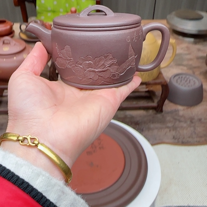 紫砂茶壶老紫泥150 c C小任刻绘