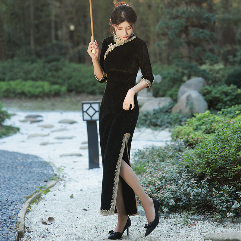 女新款气质秋季显瘦复古旗袍装年轻款高端旗袍黑色上海加厚改良
