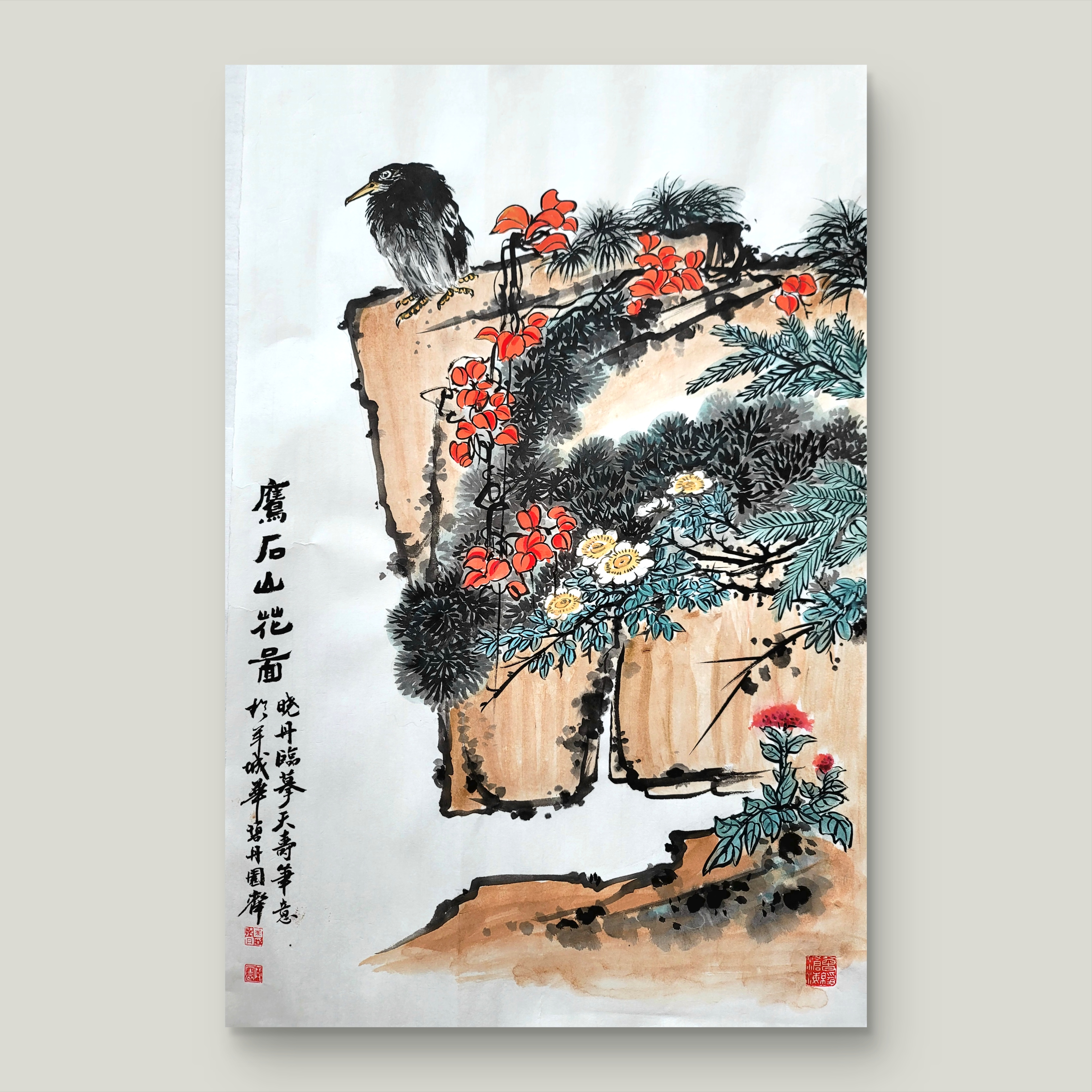 鹰石山花图手绘国画45*70cm画芯