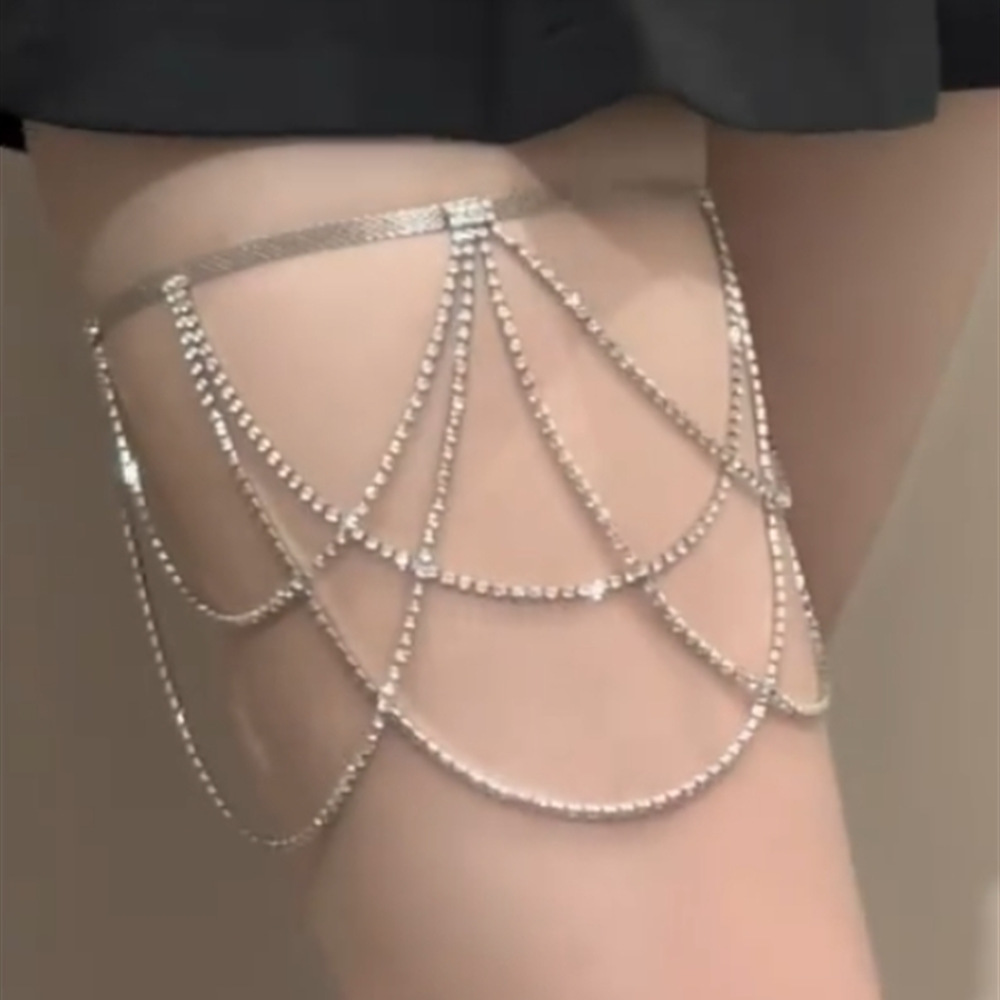 超闪水钻流苏腿链女欧美风性感腿环嘻哈潮多层脚链身体链时尚