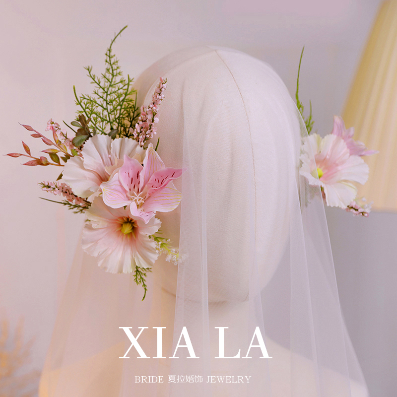 夏拉原创手作超仙森系淡粉新娘头花外景草坪出片婚礼绿植头饰发夹
