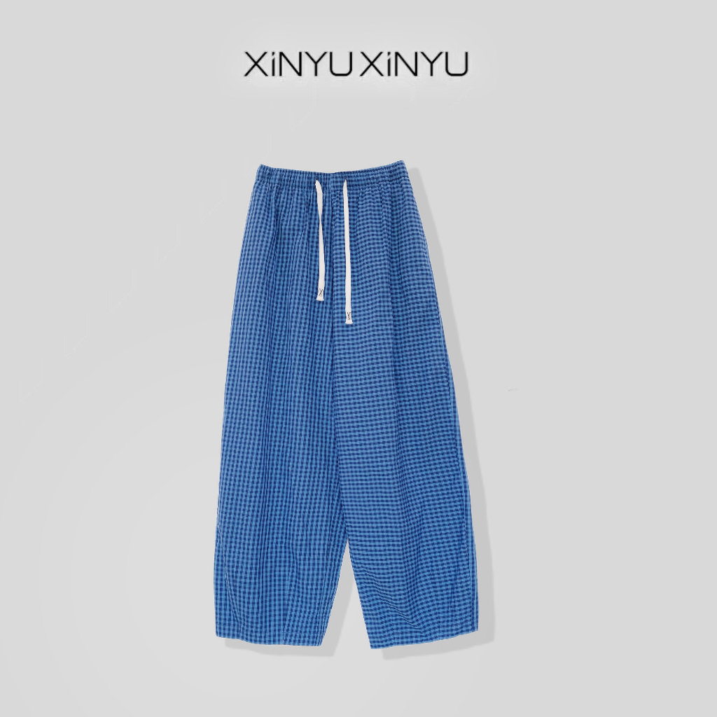 XINYU/芯与100棉色织格纹抽绳松紧腰休闲裤 26J137 阔腿宽松 时尚