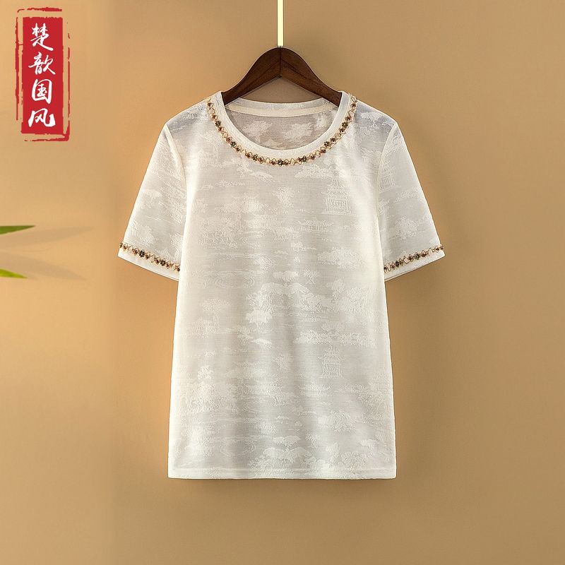 【雪烟】夏季2025新款上衣小衫女新中式国风圆领提花夏天短袖T恤衫