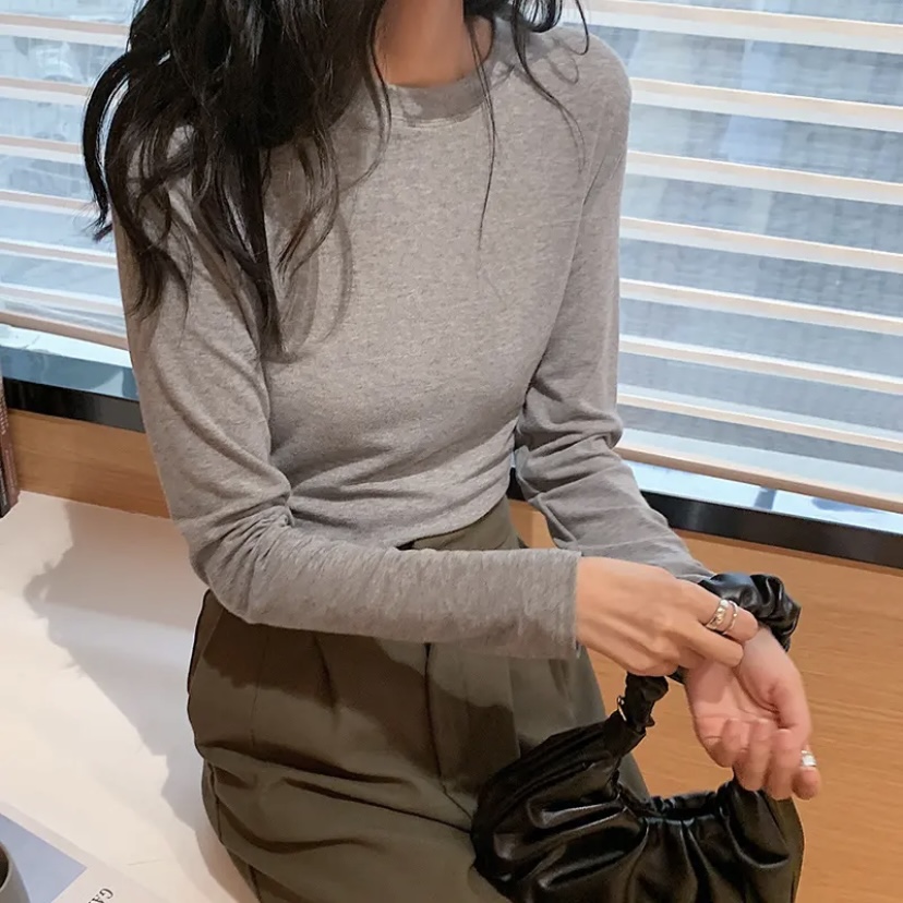 【省心穿搭】百搭纯色圆领长袖T恤女纯欲风辣妹显瘦上衣D811#0.08