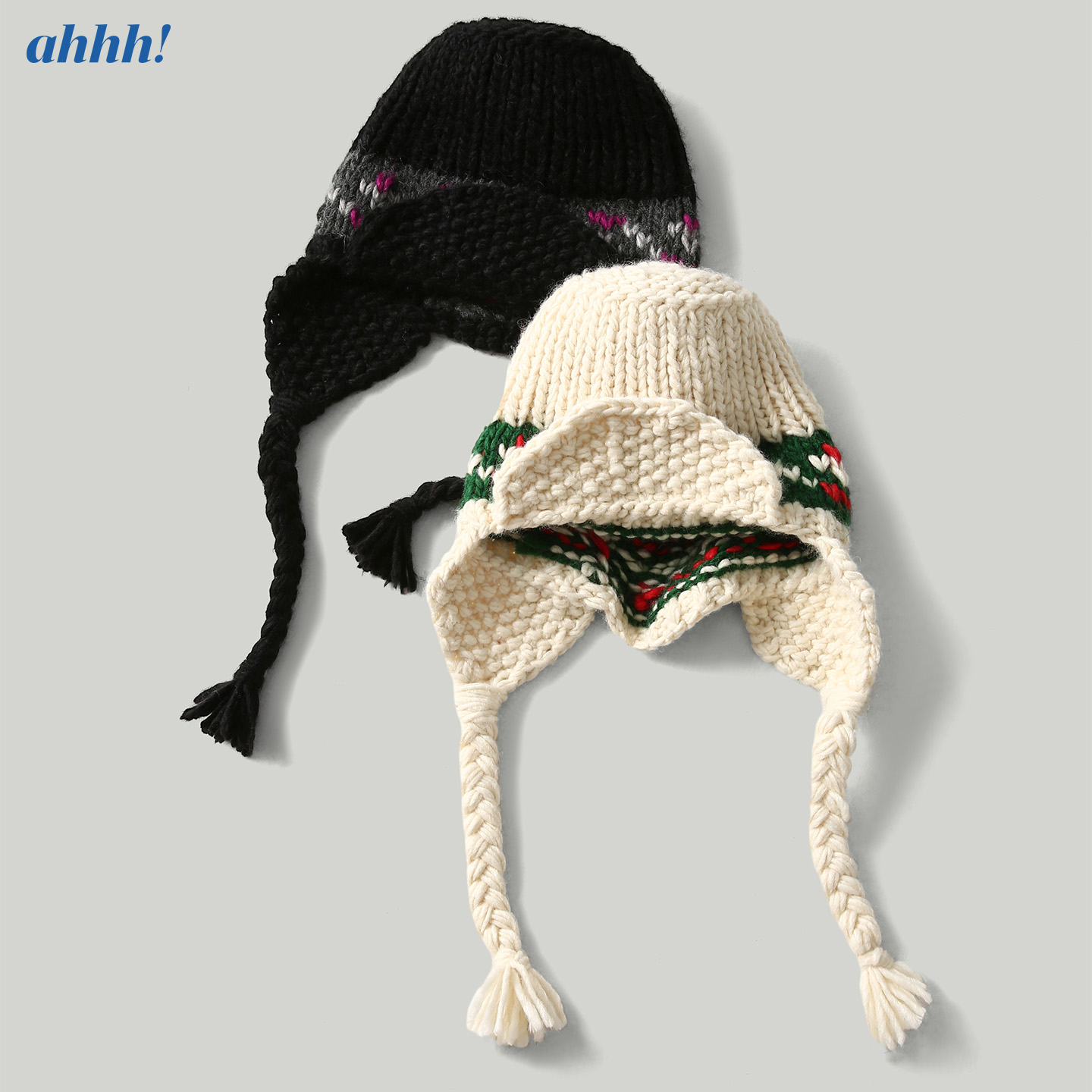 Ahhh 复古羊毛手工费尔岛提花保暖飞行护耳帽圣诞