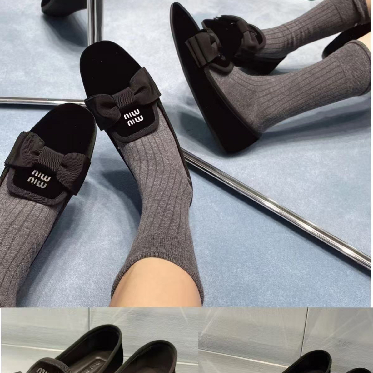 未使用 MIU MIU/缪缪 缪缪黑色丝绒蝴蝶结平底乐福38.5