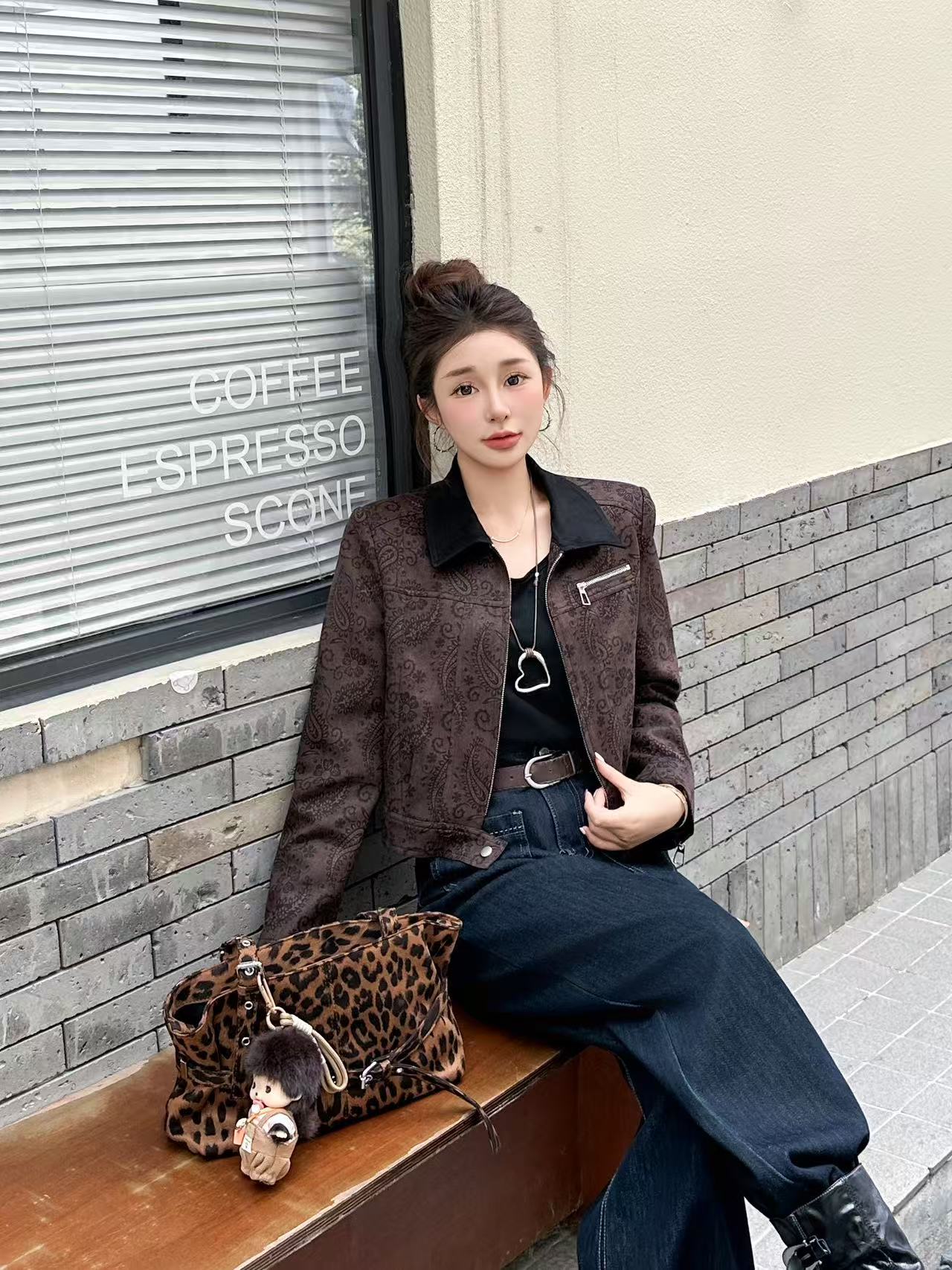 2508【衣长48】翻领复古气质豹纹外套女秋季小个子慵懒百搭夹克上衣