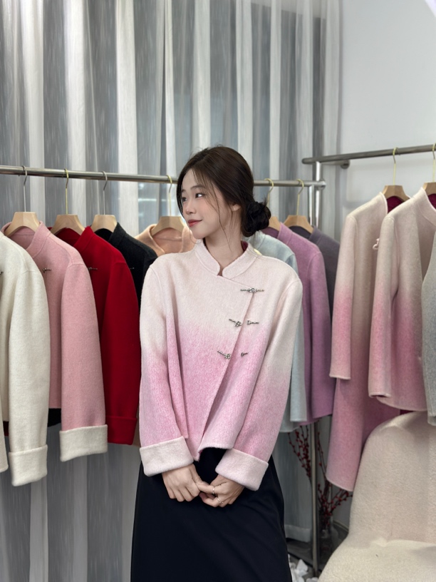 秋冬修身女圆领短款渐变毛呢外套休闲显瘦新中式大衣