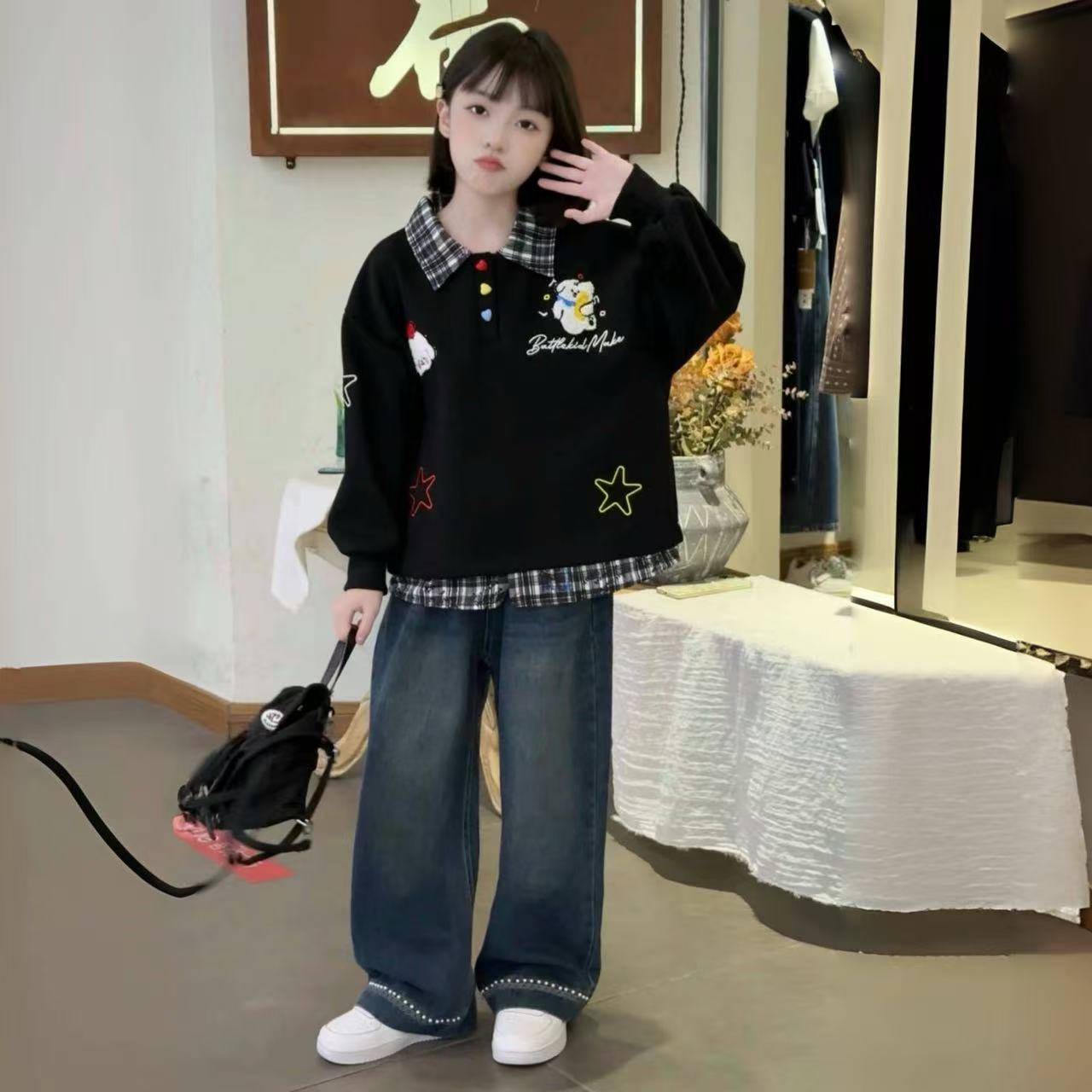 女童卫衣套装春秋款2025新款儿童假两件上衣洋气阔腿裤套装