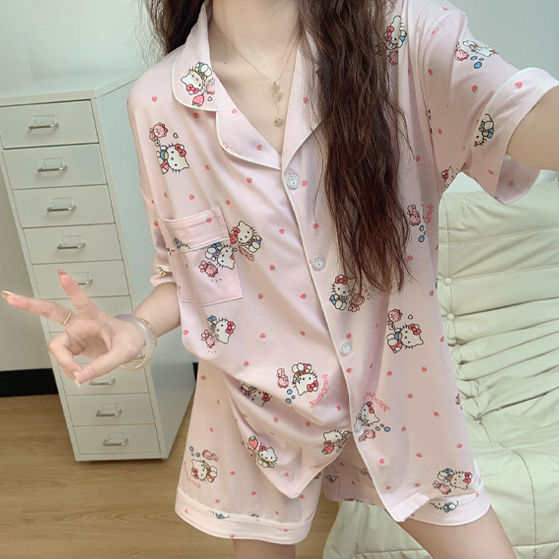 日系ins风草莓凯蒂猫睡衣女夏季新款短袖休闲薄款家居服夏天套装