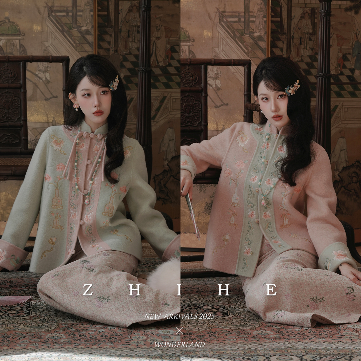 无艳一禾【花盈玉露】双面双穿！100绵羊毛绣花双面呢大衣+马甲+半裙