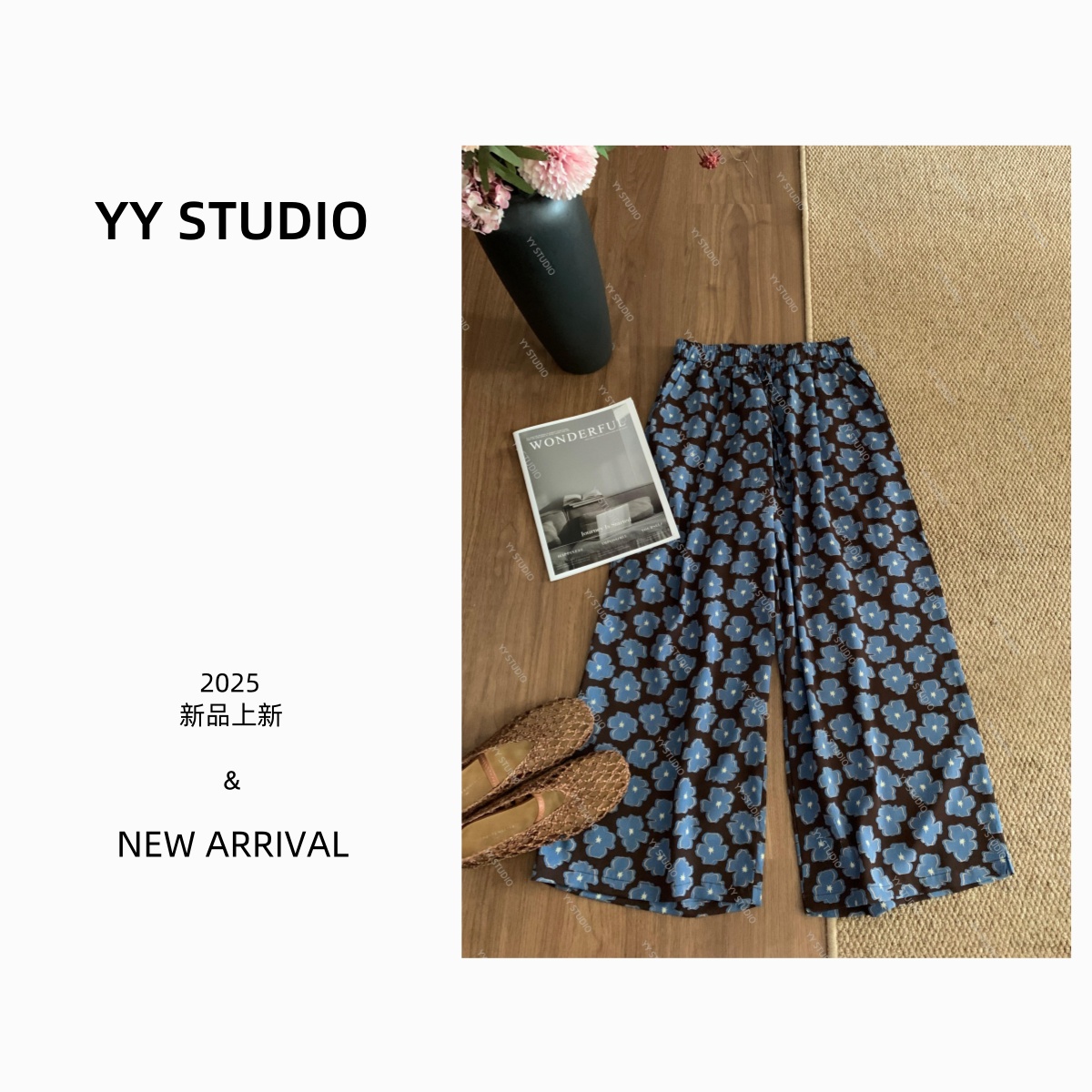 【YY STUDIO】花季 新品直筒松紧腰宽松休闲复古印花经典九分裤