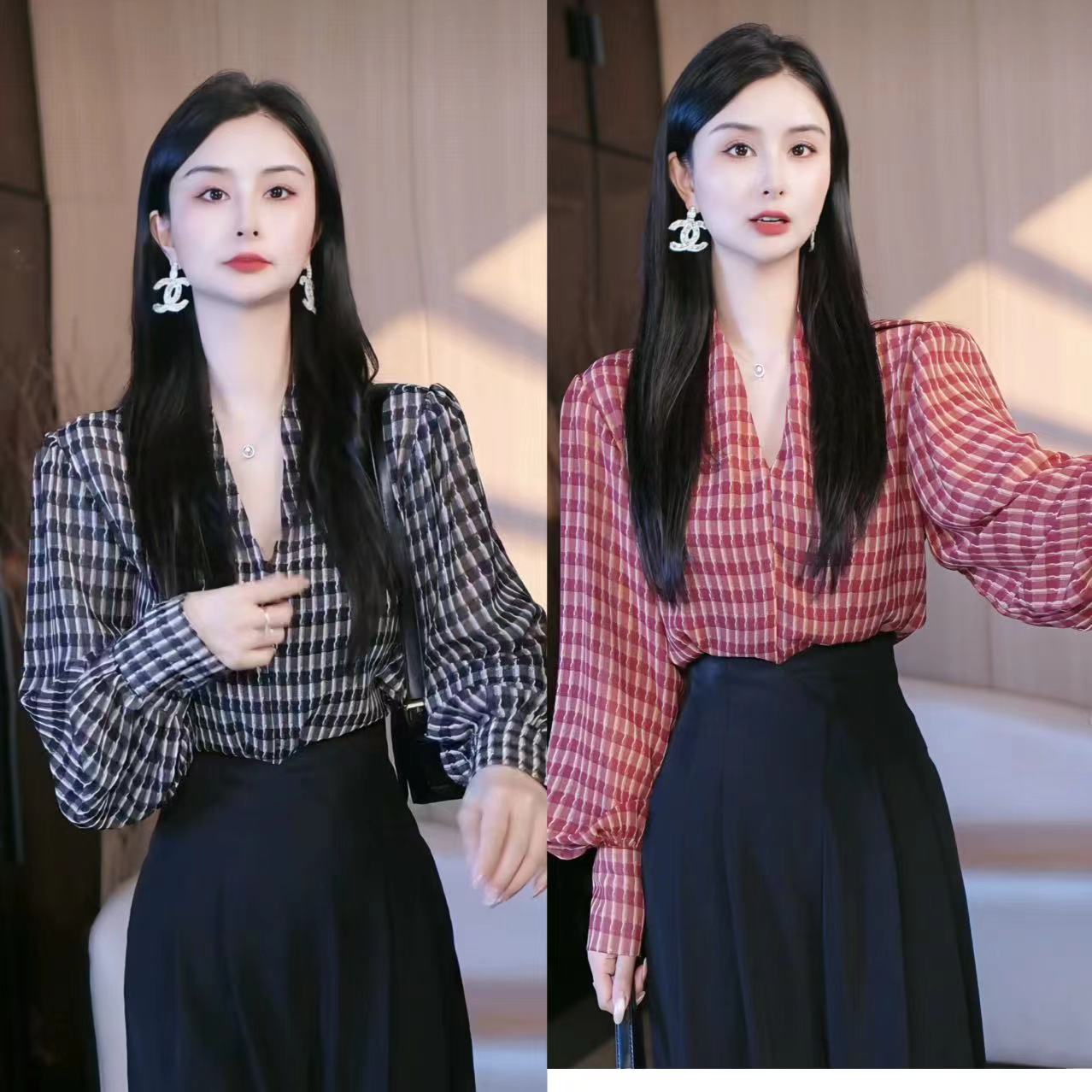 刘欣服饰 2025新款秋装雪纺格子系带领排扣衬衣网红长袖衣2915