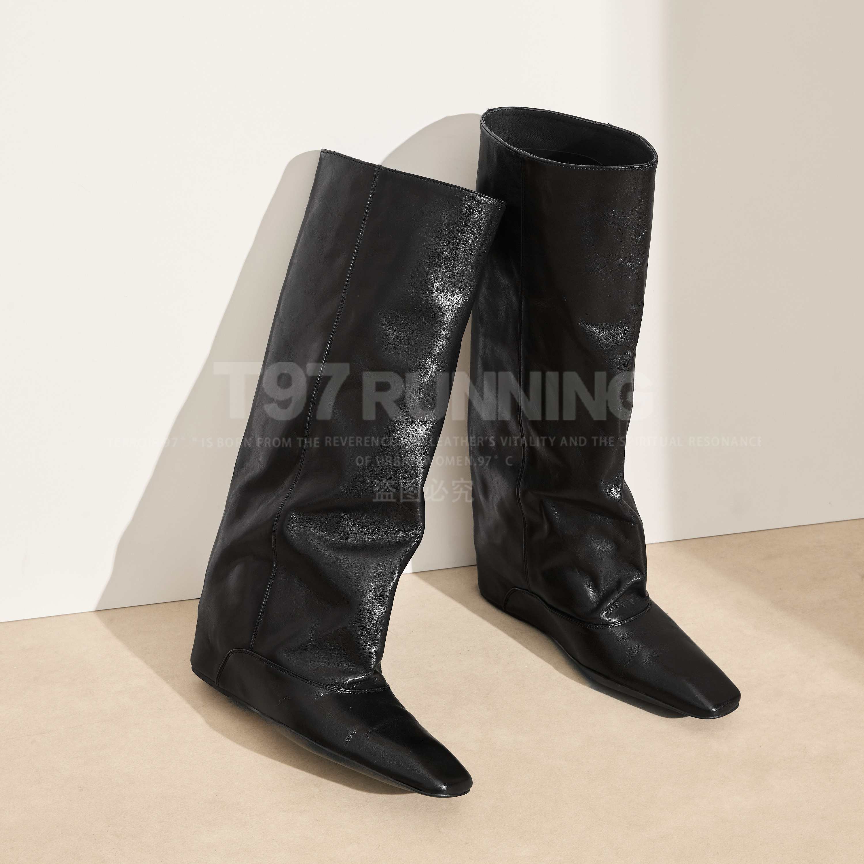  2025秋冬新款欧洲站通勤黑色百搭英伦风一脚蹬堆堆高靴G2989