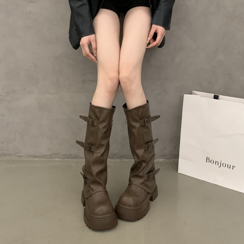 2025时尚百搭厚底增高时装靴长筒骑士靴秋冬新款长靴女复古皮带扣