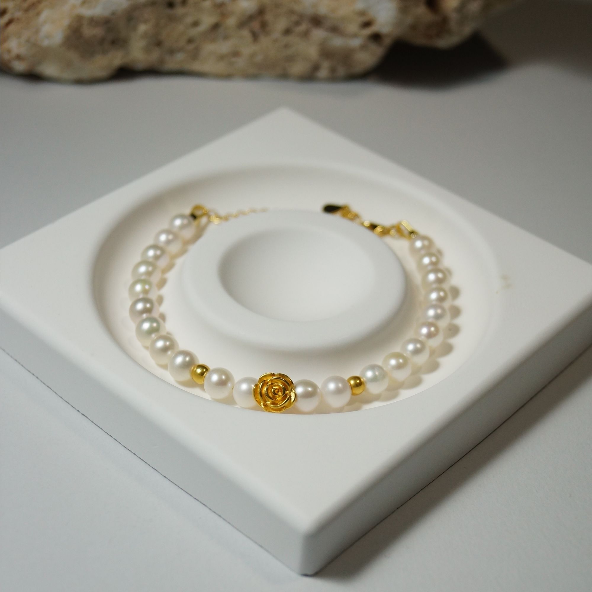 足金999玫瑰花正圆极强光淡水珍珠手链6mm轻奢时尚百搭