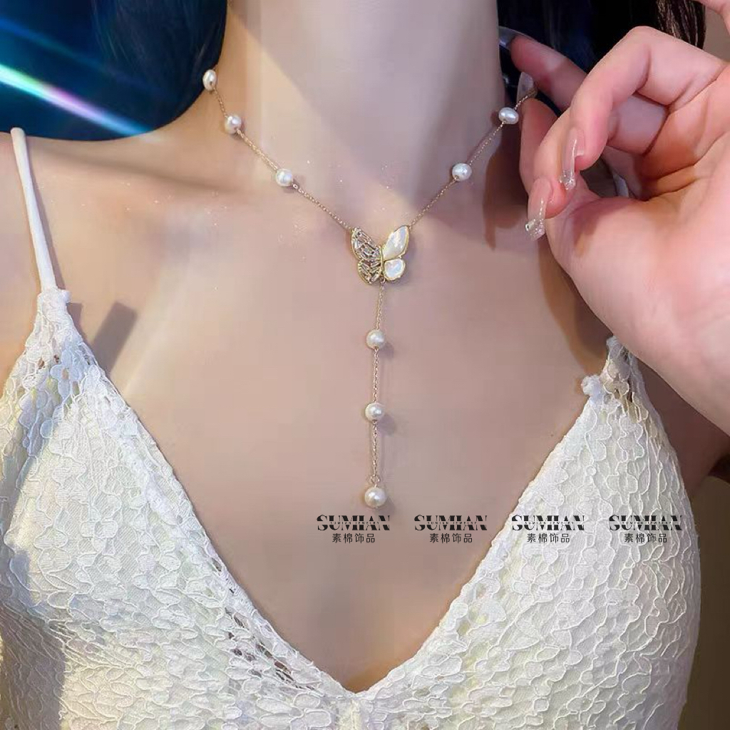 钛钢吊坠 锆石蝴蝶珍珠项链新款时尚颈链锁骨链气质长款项链SU10